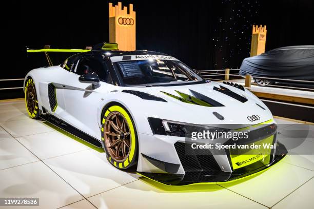 Audi R8 LMS GT2 race car on display at Brussels Expo on January 8, 2020 in Brussels, Belgium. The R8 LMS GT2 is fitted with a 5.2-litre naturally...