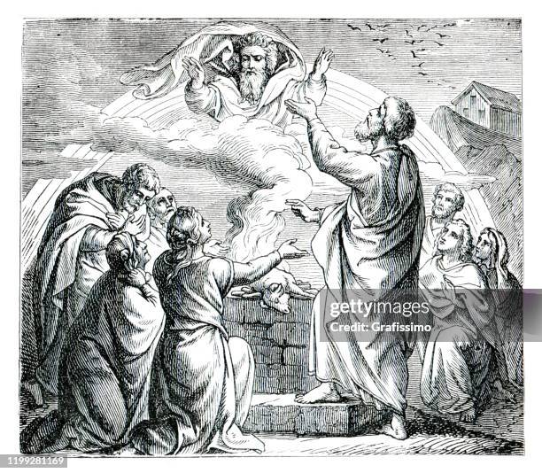 noah opfert lamm auf altar nach dem verlassen der arche - aufopferung stock-grafiken, -clipart, -cartoons und -symbole