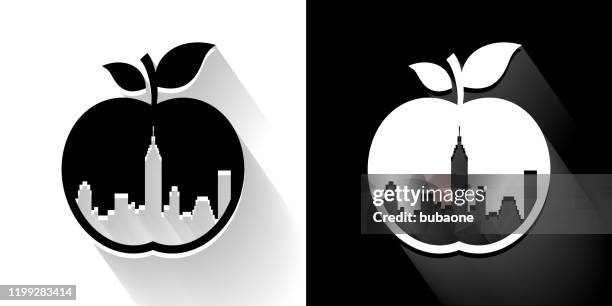 big apple black and white icon with long shadow - mixed fruit white background stock illustrations