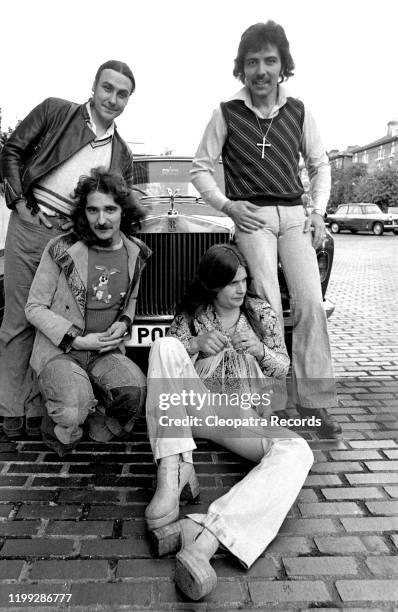 British heavy metal band Black Sabbath L-R Bill Ward, Geezer Butler, Ozzy Osbourne, and Tony Iommi, pose for a portrait in 1975 in London, UK.