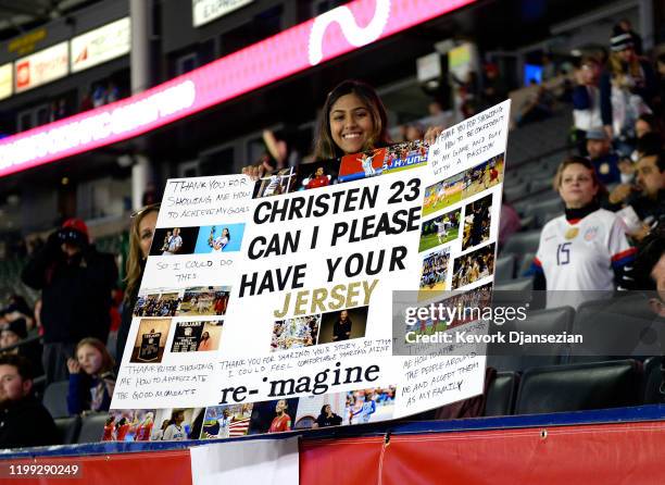 Fan holds a sign in support of the women's soccer team gainst Mexico at the 2020 CONCACAF Women's Olympic Qualifying semifinals at Dignity Health...