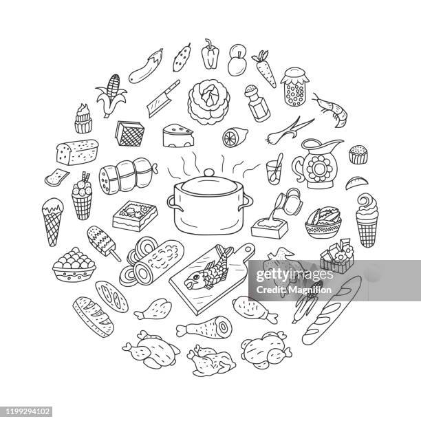 food and cooking doodles set - shrimp seafood stock illustrations