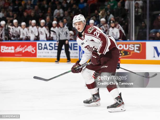 John Parker-Jones of the Peterborough Petes skates during an OHL game against the Oshawa Generals at the Tribute Communities Centre on January 12,...
