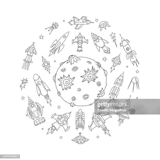 outer space rocket doodles set - space station stock illustrations
