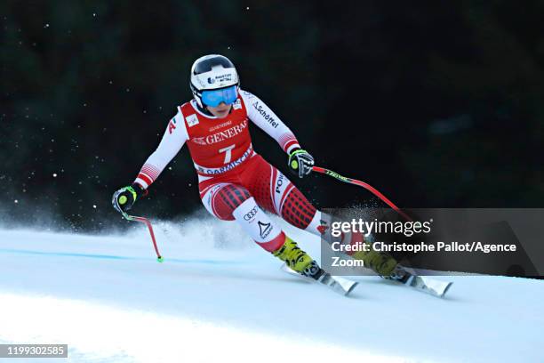 Nicole Schmidhofer of Austria in action during the Audi FIS Alpine Ski World Cup Women's Downhill on February 8, 2020 in Garmisch Partenkirchen,...