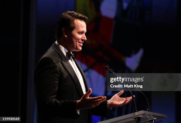 Former Australian Olympic swimmer Kieren Perkins speaks during the Australian Olympic Committee Black Tie Dinner at the Sydney Convention &...