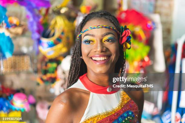 portrait of happy beautiful afro woman - rio carnival stock pictures, royalty-free photos & images