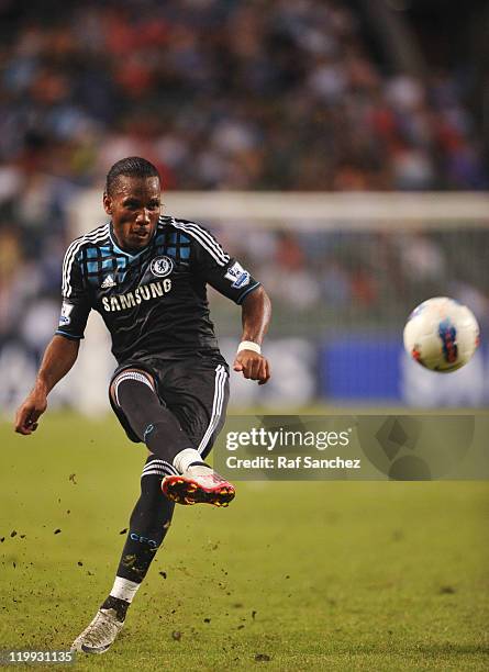 Didier Drogba shoots on goal during the Asia Trophy pre-season friendly match between Kitchee and Chelsea at Hong Kong Stadium on July 27, 2011 in So...