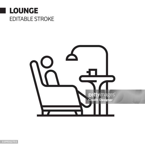 lounge-linie-symbol, umriss vektor-symbol-illustration. pixel perfekt, editierbarer strich. - wartehalle stock-grafiken, -clipart, -cartoons und -symbole