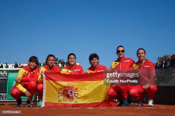 Aliona Bolsova, Sara Sorribes, Lara Arruabarrena, Carla Suarez, Georgina Garcia Perez, Anabel Medina celebrate victory after the match of the 2020...
