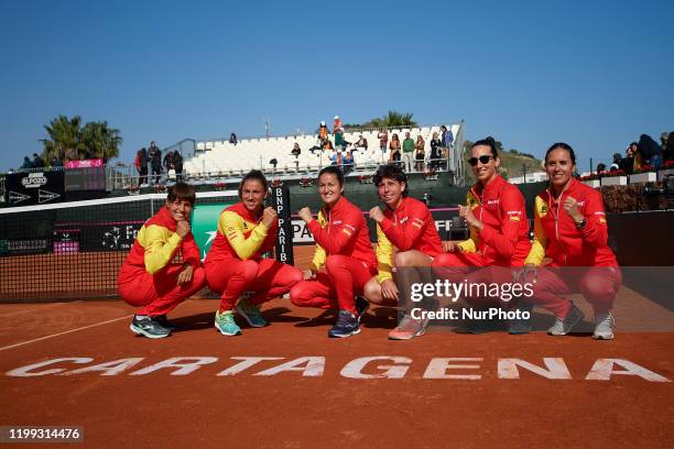Aliona Bolsova, Sara Sorribes, Lara Arruabarrena, Carla Suarez, Georgina Garcia Perez, Anabel Medina celebrate victory after the match of the 2020...