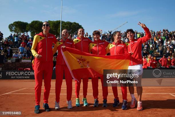 Georgina Garcia Perez, Anabel Medina, Sara Sorribes, Aliona Bolsova, Lara Arruabarrena, Carla Suarez, , celebrate victory after the match of the 2020...