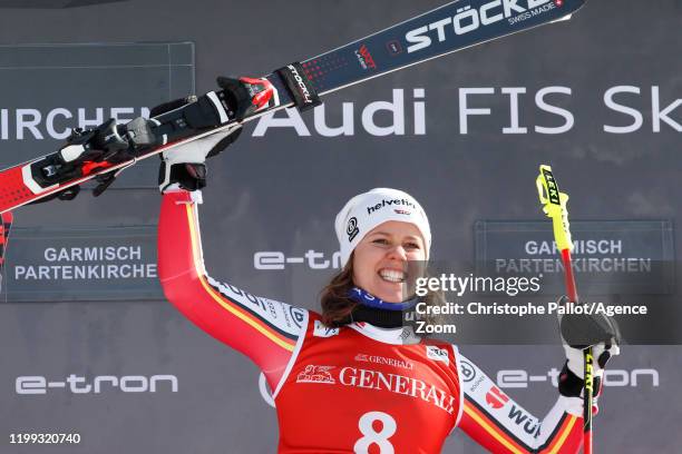 Viktoria Rebensburg of Germany takes 1st place during the Audi FIS Alpine Ski World Cup Women's Downhill on February 8, 2020 in Garmisch...