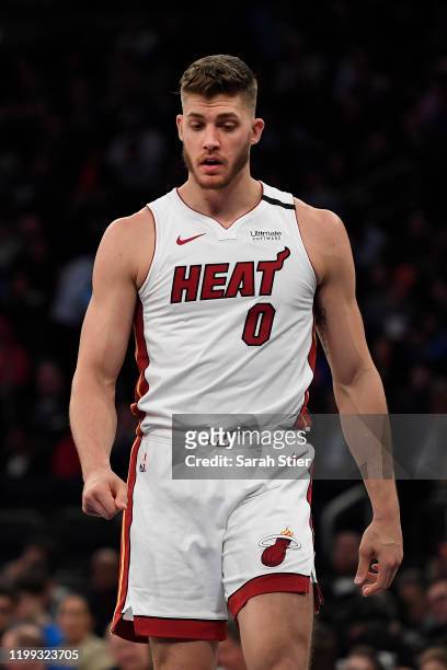 Meyers Leonard of the Miami Heat looks on during the second half of the game against the New York Knicks at Madison Square Garden on January 12, 2020...