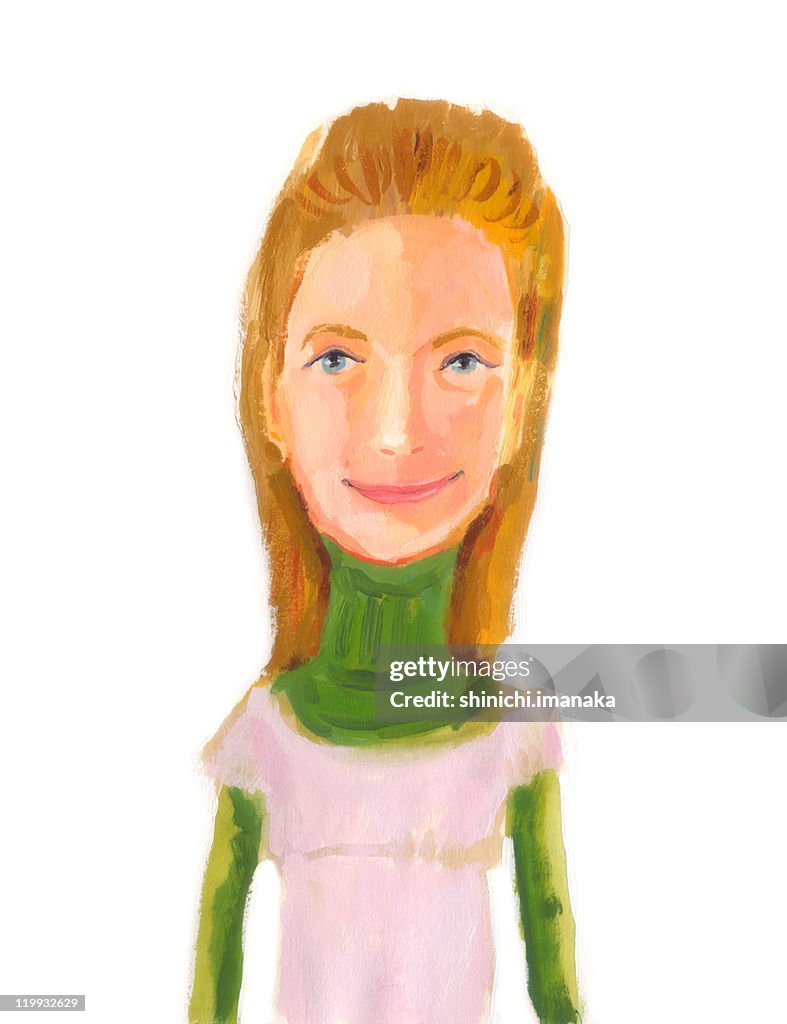 Woman with blonde hair in green turtleneck