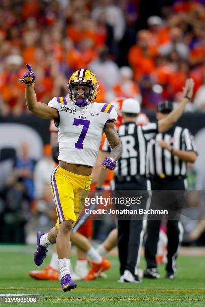 Grant Delpit of the LSU Tigers reacts against the Clemson Tigers during the first quarter in the College Football Playoff National Championship game...