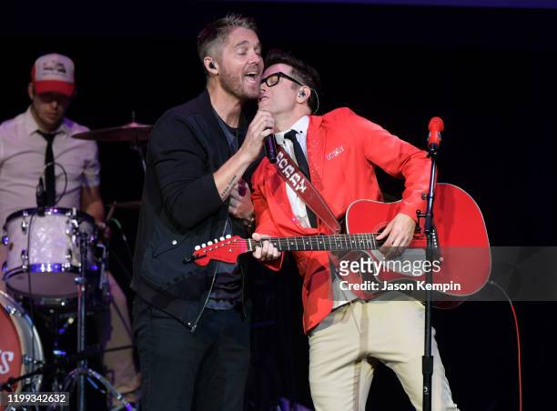 Brett Young and Bobby Bone perform at the Bobby Bones & The Raging Idiots' 5th Annual Million Dollar Show at Ryman Auditorium on January 13, 2020 in...