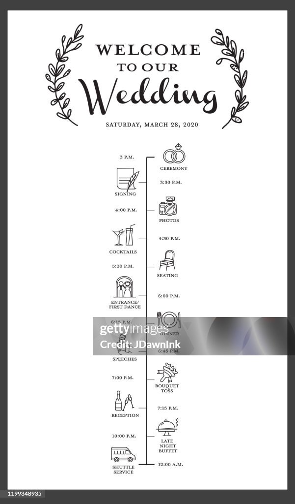 Wedding itinerary event timeline poster with wedding icons