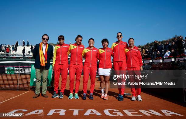 Spain National team pose for a photograph celebrating the qualification to Budapest, after Carla Suarez of Spain defeat Kurumi Nara of Japan during...