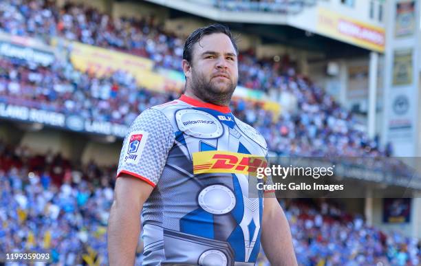 Frans Malherbe celebrate his 100th DHL Stormers cap during the Super Rugby match between DHL Stormers and Vodacom Bulls at DHL Newlands on February...