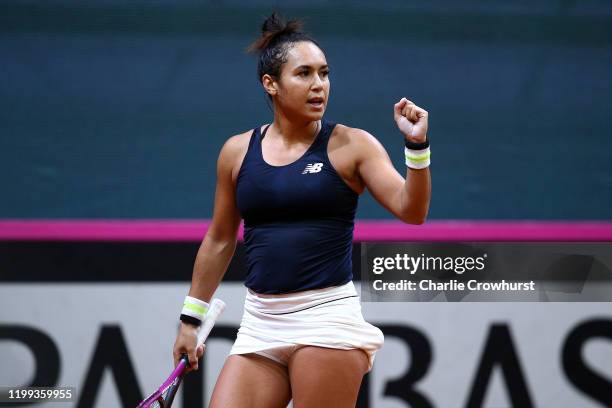 Great Britain's Heather Watson celebrates winning a game during her singles match against Rebecca Sramkova of Slovakia during the Fed Cup Qualifier...