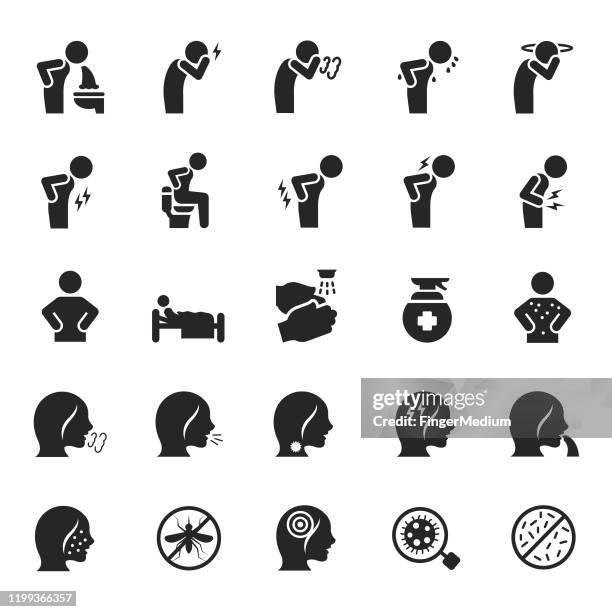 ilustraciones, imágenes clip art, dibujos animados e iconos de stock de conjunto vectorial de iconos enfermos - dolor de espalda