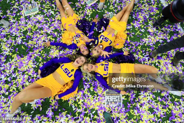 Tigers cheerleaders celebrate their 42-25 win over the Clemson Tigers in the College Football Playoff National Championship game at Mercedes Benz...