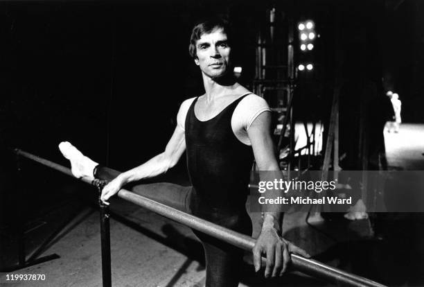 Ballet dancer Rudolf Nureyev at the barre during rehearsal of 'Romeo and Juliet' at the London Coliseum, 1980.
