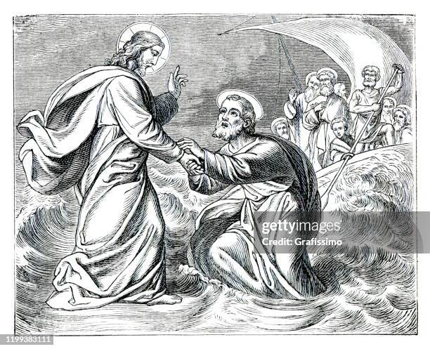 jesus walking on water helping peter the apostle - saint peter stock illustrations