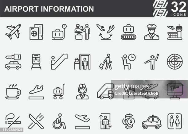 airport information line icons - commercial airplane stock illustrations stock illustrations