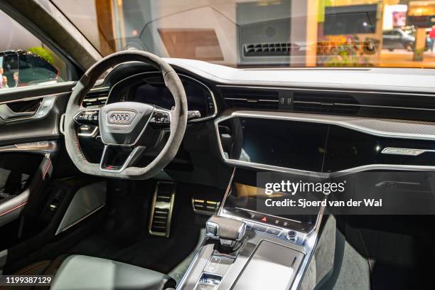 Audi RS6 Avant performance station wagon interior on display at Brussels Expo on January 9, 2020 in Brussels, Belgium. The RS6 is the performance...