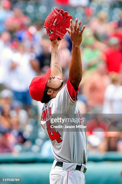 Starting pitcher Ervin Santana of the Los Angeles Angels of Anaheim throws up his arms in celebration after finishing a no-hitter against the...