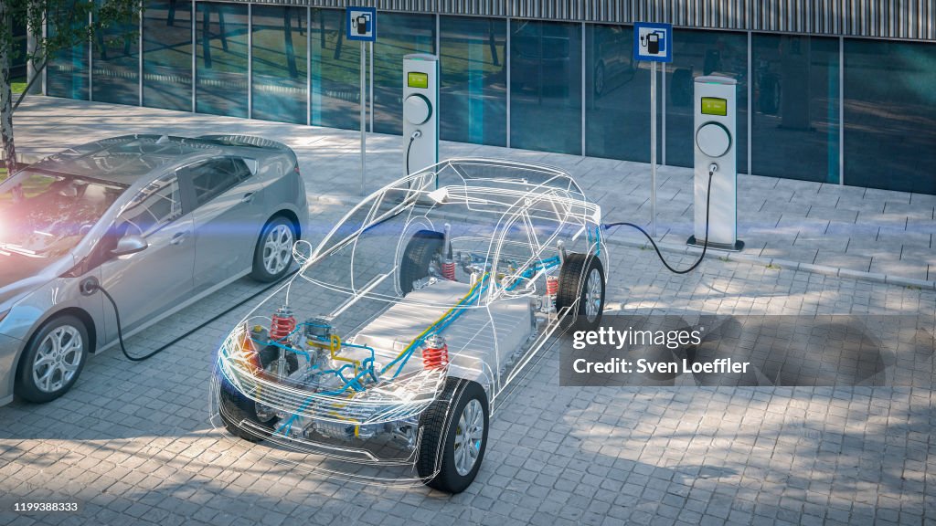 Coche eléctrico genérico con batería visible de carga de rayos X en el cargador público en el estacionamiento de la ciudad 3d render
