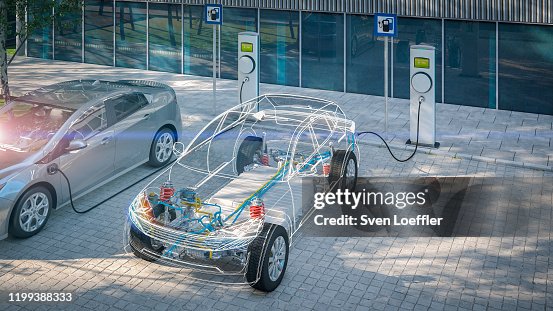 Generic electric car with battery visible x-ray charging at public charger in city parking lot 3d render Generic electric car with battery visible x-ray charging at public charger in city parking lot 3d render