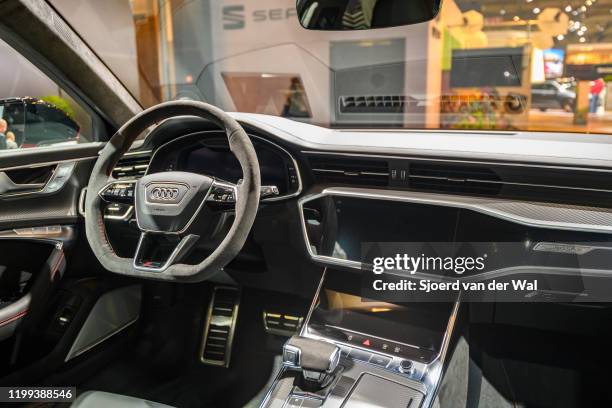 Audi RS6 Avant performance station wagon interior on display at Brussels Expo on January 9, 2020 in Brussels, Belgium. The RS6 is the performance...