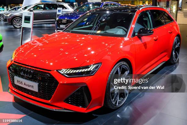 Audi RS6 Avant performance station wagon in bright red on display at Brussels Expo on January 9, 2020 in Brussels, Belgium. The RS6 is the...