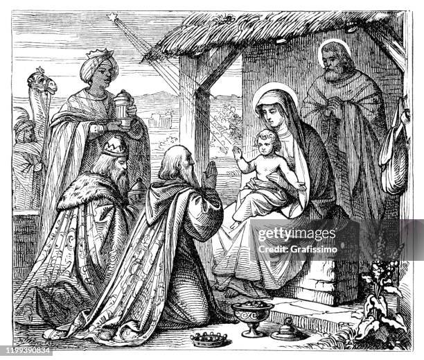 three wise men at bethlehem with virgin mary and jesus - three wise men stock illustrations