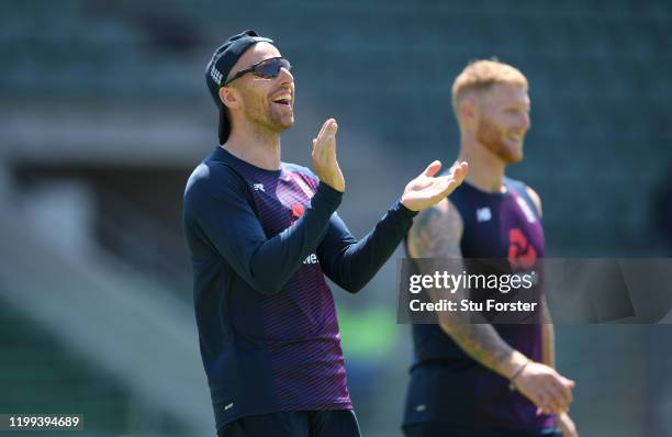 England spin bowler Jack leach and Ben Stokes share a joke during a game of Football Tennis during the warm up during England nets at St George's...