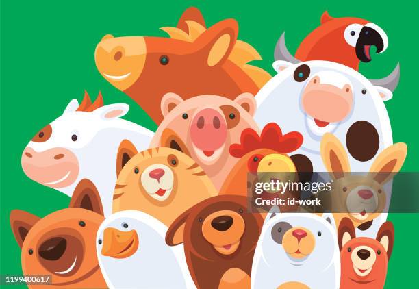 group of happy domestic animals - funny rooster stock illustrations