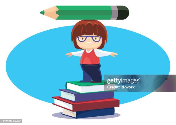 unhappy kid with big pencil and stack of books - gender balance stock illustrations