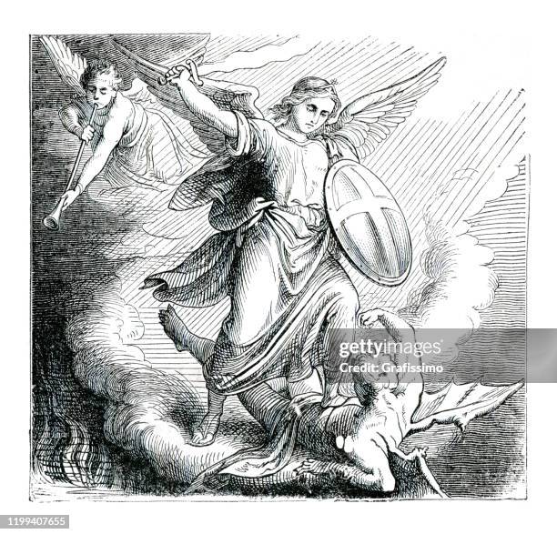 illustrazioni stock, clip art, cartoni animati e icone di tendenza di arcangelo con spada che combatte l'illustrazione di satana 1882 - angel wings