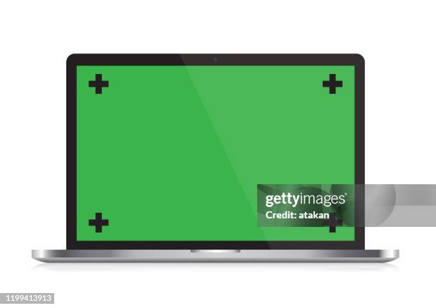 vector open laptop with chroma key and reflection on white ground - green screen stock illustrations