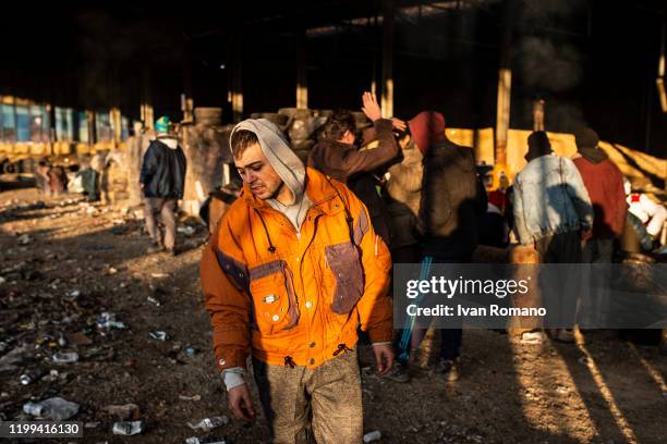 Algerian migrant in an abandoned industrial warehouse on January 12, 2020 in Velika Kladuša, Bosnia and Herzegovina. About 5,000 people are present...