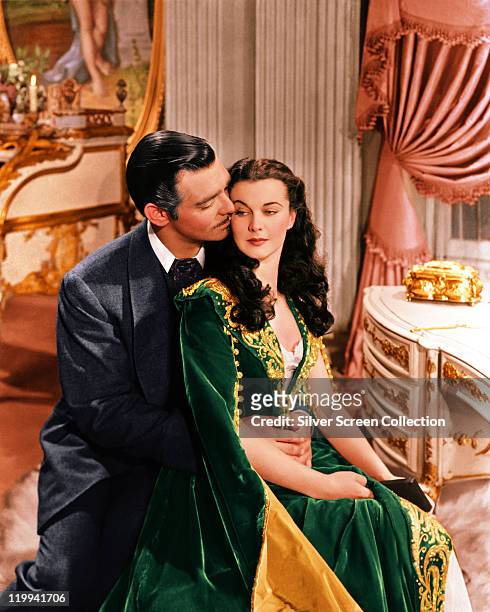 Clark Gable , US actor, and Vivien Leigh , British actress, in a publicity still issued for the film, 'Gone with the Wind', 1939. The drama, directed...