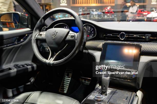 Maserati Quattroporte VI luxury performance sedan on display at Brussels Expo on January 9, 2020 in Brussels, Belgium. The Quattroporte VI is...