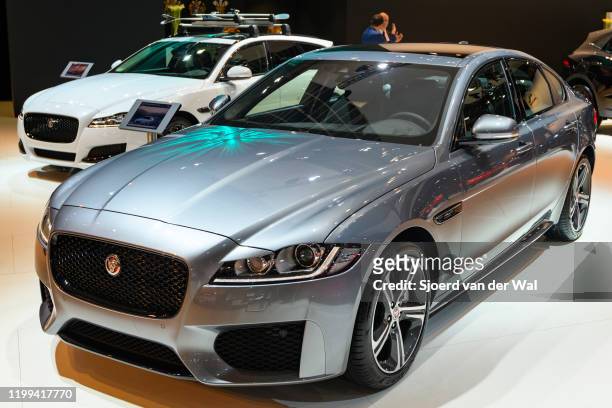 Jaguar XF Chequered Flag Edition luxury performance sedan on display at Brussels Expo on January 9, 2020 in Brussels, Belgium. The XF is available...