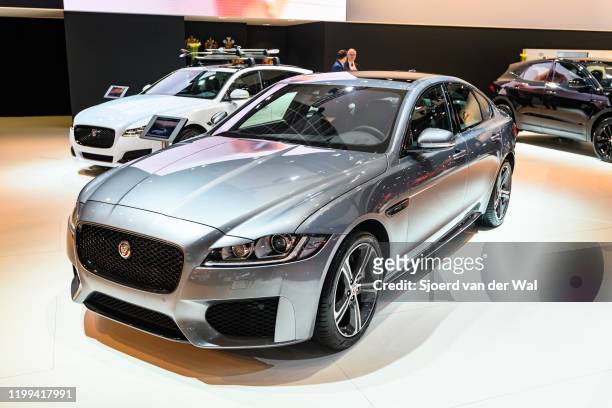 Jaguar XF Chequered Flag Edition luxury performance sedan on display at Brussels Expo on January 9, 2020 in Brussels, Belgium. The XF is available...