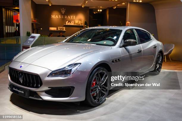 Maserati Quattroporte VI luxury performance sedan on display at Brussels Expo on January 9, 2020 in Brussels, Belgium. The Quattroporte VI is...