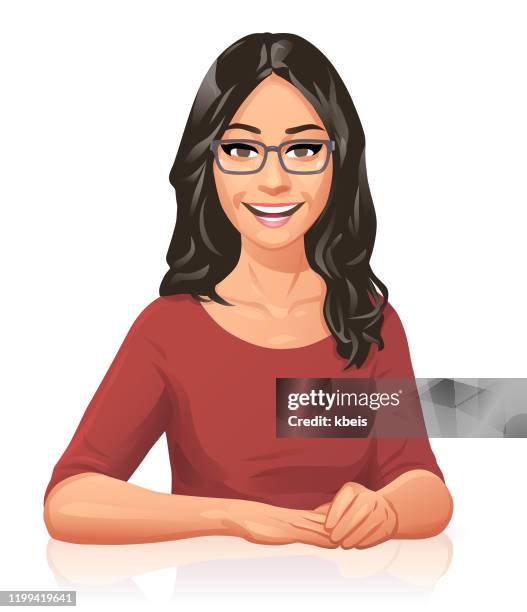 fröhliche junge frau sitzt an einem schreibtisch - young women stock-grafiken, -clipart, -cartoons und -symbole