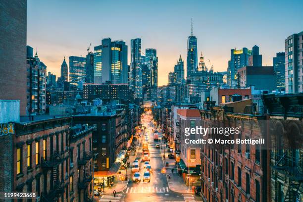 high angle view of lower manhattan, new york city - manhattan stock-fotos und bilder